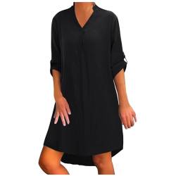 Musselin Kleid Damen Lang 3/4 Ärmel V-Ausschnitt Musselin Bluse Blusenkleid Longbluse Sommer Locker Luftig Tunika Kleid Große Größen Elegant Knielang Freizeitkleid Strandkleid Einfarbig Shirtkleid von pxjsdwe