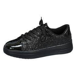 pxjsdwe Glitzer Schuhe Damen Flach Silber Schwarz Glitzerschuhe Turnschuhe Plateau Sneaker Weiss Leder Outdoor Sportschuhe Halbschuhe Atmungsaktive Laufschuhe Leicht Schnürschuhe Pailletten Schuhe von pxjsdwe