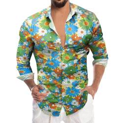 pxjsdwe Herren Regular Fit Geblümt Business Hemd Langarm Print Freizeithemd Party Silvester Hippie Hawaii Hemd Männer Disco 80Er Jahre Outfit Rüschenhemd von pxjsdwe