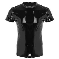 ranrann Herren Wetlook Shirt Oberteil Kurzarm Hemd Tops Kunstleder Muskelshirt Unterhemd Latex Outfit Slim Fit Fitness Clubwear M L XL XXL Schwarz Large von ranrann