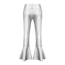 renvena Mädchen Metallic Hose Pants Hohe Tallie Schlaghose Tanzhose Leggigns mit Rüschen Stretch Einfarbig Kinder Tanzkostüm Fasching Silvester Silber 170-176 von renvena