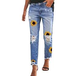 riou Kurze Jeanshosen Damen Sommer Damen-Jeans mit geradem Bein und verwaschenem -Jeans im Distressed-Saum Jeanshosen Damen Stretch Mit Applikationen (Yellow, XL) von riou