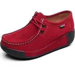 Shenn Damen-Plattform schnüren Sich Oben gehende Wildleder Fashion Sneakers(Rot,EU39) von rismart