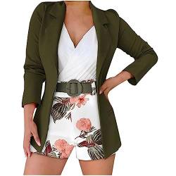 Damen Anzug Shorts Set Elegant 2 StüCk Casual Business Revers Mode Einfarbig Blazer Anzug Hohe Taille Blumenmuster Shorts Set Business Arbeit BüRo Langarm Strickjacke Shorts Mit GüRtel von routinfly