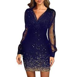Sexy Club-Kleid für Frauen mit V-Ausschnitt Langarm-Kleid Polka Dot bedruckt Netzgarn Spleißen kurzer Minirock Tasche Hüftkleid von routinfly