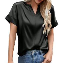 Satin Bluse Damen Elegant Kurzarm Basic Tunika Einfarbig V-Ausschnitt Oberteile Sommer Tops T Shirt Hemden Damen Blusen Kurzarm Sommer Bluse Damen Elegant Kurzarm (Black, M) von rtdgcv