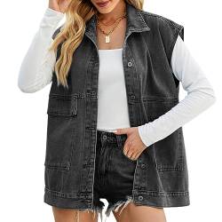 seiveini Damen Jeansweste Jeansjacke Ärmelloses Knopf Denim Weste mit Taschen Übergangsjacke Button Down Denim Jacked Elegant Retro Jacke Mantel Ärmellos Herbst Frühling A Dunkelgrau XL von seiveini