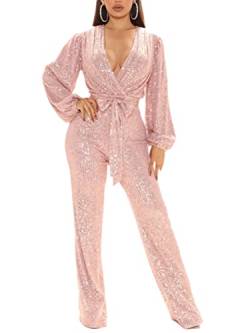 seiveini Overall Damen Jumpsuit V-Ausschnitt Langarm Elegant Bodysuit mit Gürtel Sexy Abendkleid Butt Pailletten Eng Einteiler Hohe Taille Playsuit Leistungskleidung Rosa L von seiveini