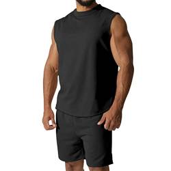 seiveini Sportanzug Herren Zweiteiler Tank Top + Shorts Sommer Freizeitanzug Jogginganzug Regular Fit Traininganzug Männer 2-Teiliges Fitnessanzug Outfit Einfarbig A Schwarz XL von seiveini