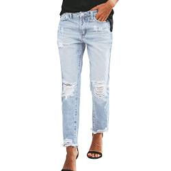 Damen-Jeans mit mittlerem Bund, normale Passform, zerrissene Löcher, Denim-Hose, gewaschener Used-Look, ausgefranster Saum, gerades Bein, hellblau, 42 von semen
