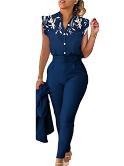 shownicer Anzug Damen Elegant 3 Teiler Sommer Drucken Rüschenärmel Hemd Bluse Und Hosen Und Gürtel Set Bussiness Outfit Hosenanzug Slim Fit Streetwear Anzüge Kombi A Marine XS von shownicer