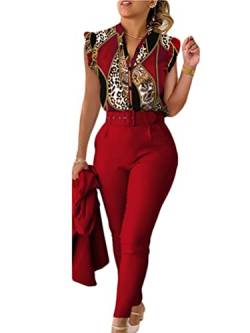 shownicer Anzug Damen Elegant 3 Teiler Sommer Drucken Rüschenärmel Hemd Bluse Und Hosen Und Gürtel Set Bussiness Outfit Hosenanzug Slim Fit Streetwear Anzüge Kombi B Rot XL von shownicer