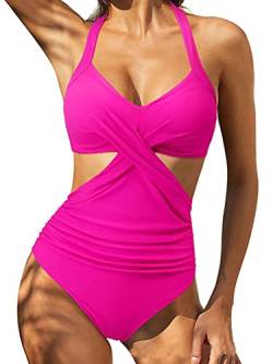 shownicer Damen Badeanzug Einteiliger Bauchweg Swimsuit Tiefen V Ausschnitt Rückenfrei Monokini Cut Out Slim Push up Monokini Gedruckt Bademode Swimsuit A Rosa XXL von shownicer