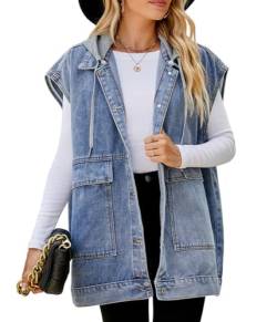 shownicer Damen Jeansweste mit Kapuze Oversized Boyfriend Denim Jeans Weste Ärmellos Jeansjacke Vintage Hoodie Jacke Mantel mit Knopf Outwear B Blau XL von shownicer