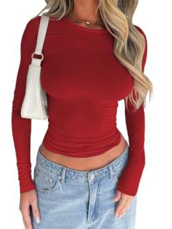 shownicer Damen Langarmshirt Slim Fit Langarm Y2K Oberteile Rundhals Cropped Tee Einfarbig Basic Crop Tops Casual Athletisches Top Teenager Streetwear A Rot XS von shownicer