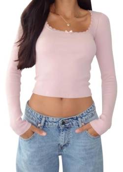 shownicer Damen Langarmshirt Y2k Tops Sexy Oberteil U-Ausschnitt Einfarbig Langarm Crop Top Aesthetic Clothes Slim Oberteile Mädchen Outfits Streetwear A Rosa L von shownicer