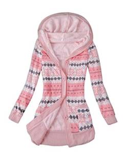 shownicer Damen Lange Mäntel mit Kapuze Drucken Gestrickt Winterjacke Warm Plüsch Gefüttert Knopf Strickjacke Outwear Mäntel Kapuzenpullover Kapuzenjacke Rosa XL von shownicer