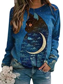 shownicer Damen Sweatshirt Winter Tshirt Langarm Top Cartoon 3D Druck Katzen-Muster Langarmshirt Weihnachten Pulli Freizeit Bluse Herbst Shirts Hemd Rundhals Pullover D Blau XXL von shownicer