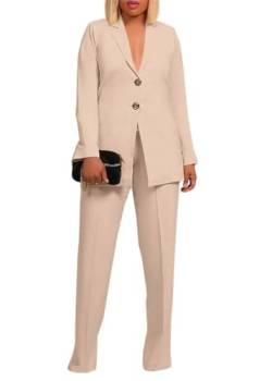 shownicer Hosenanzug Damen Elegant Business Anzug Set Hosenanzug Blazer Hose Einfarbig Revers Büro Zweiteiler Hosenanzug 2 Teilig Anzug Slimfit Festlich Damenanzug F Khaki 3XL von shownicer