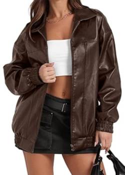 shownicer Lederjacke Damen Kurz Jacke Übergangsjacke mit Reißverschluss Herbst Winter A Kaffee S von shownicer