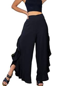 shownicer Waist Weite Hosen Damen Freizeithose High Waist Weite Hosen Leicht Loose Fit Casual Sommerhose mit Kräuselsaum Einfarbig Yogahose Hose mit Weitem Bein A Schwarz M von shownicer