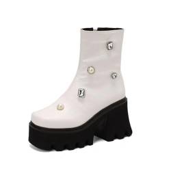 smlekwc Damen Block Hoher Absatz Stiefeletten Mit Stollensohle Runde Zehen Leder Gothic Punk Stiefel Mit Strass Seitlicher Reißverschluss Plateau Kampfstiefel,Weiß,42 EU von smlekwc