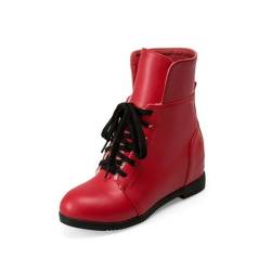 smlekwc Damen Geschlossene Runde Zehen Lederstiefeletten Niedriger Stämmiger Absatz Kurze Stiefel Schnürung Plateau-Kampfstiefel,Red Faux fur Lining,35.5 EU von smlekwc