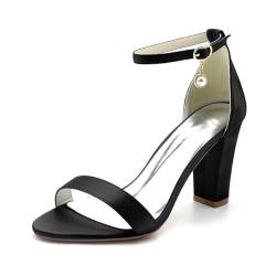 smlekwc Damen Hoher Block Absatz Satin Brautschuhe Offene Zehen Hochzeit Kleid Sandalen Abendpartei Abschlussball Knöchelriemen Pumps Schuhe,Schwarz,40 EU von smlekwc