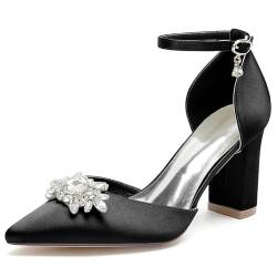 smlekwc Damen Knöchelriemen Kleid Pumps Mit Strass Hoher Block Absatz Satin Brautschuhe Hochzeitsfeier Abschlussball Spitz Zehen Schuhe,Schwarz,43 EU von smlekwc