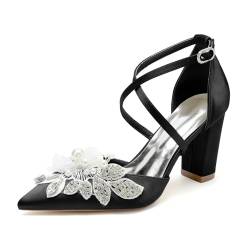 smlekwc Damen Kreuz Knöchelriemen Satin Hochzeit Schuhe Spitz Zehen Kleid Pumps Mit Perlen Blumen Partei Abschlussball Hoher Block Absatz Schuhe Für Die Braut,Schwarz,36 EU von smlekwc