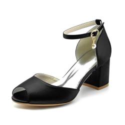 smlekwc Damen Mittlerer Stämmiger Absatz Kleid Pumps Knöchelriemen Satin Brautschuhe Hochzeitsfeier Abschlussball Peeptoe Sandalen,Schwarz,41 EU von smlekwc