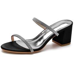 smlekwc Damen Mittlerer Stämmiger Absatz Satin Braut Pantolette Schuhe Offene Zehen Slingback Hochzeit Sandalen Komfort Slip Auf Sommer Pumps Mit Strass,Schwarz,41 EU von smlekwc