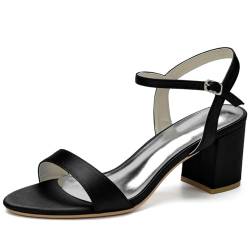 smlekwc Damen Offen Zehen Slingback Hochzeitkleid Schuhe Knöchelriemen Satin Brautsandalen Mittlerer Stämmiger Absatz Sommer Partei Pumps,Schwarz,43 EU von smlekwc