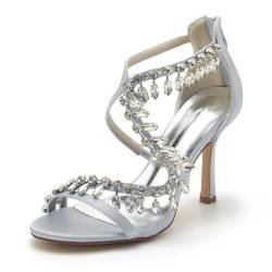 smlekwc Damen Offene Zehen Satin Brautschuhe Mit Strass Pfennigabsatz Kleid Pumps Hochzeit Partei Abschlussball Rücken Reißverschluss Sandalen,Silber,43 EU von smlekwc