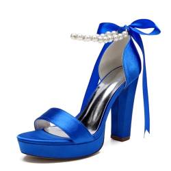 smlekwc Damen Offene Zehen Satin Brautschuhe Schnürkleid Pumps Mit Perle Hoher Stämmiger Absatz Plateau Hochzeit Partei Abschlussball Sandalen,Blau,43 EU von smlekwc