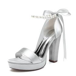 smlekwc Damen Offene Zehen Satin Brautschuhe Schnürkleid Pumps Mit Perle Hoher Stämmiger Absatz Plateau Hochzeit Partei Abschlussball Sandalen,Silber,37 EU von smlekwc