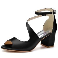 smlekwc Damen Peep Toe Hochzeit Kleid Schuhe Mittlerer Blockabsatz Satin Brautschuhe Partei Abschlussball Kreuz Knöchelriemen Pumps Sandalen,Schwarz,39 EU von smlekwc