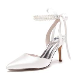 smlekwc Damen Schnürung Hochzeitskleid Pumps Mit Perle Spitz Zehen Satin Brautschuhe Hoher Pfennig Absatz Partei Abschlussball Sandalen,Elfenbein,43 EU von smlekwc