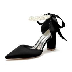 smlekwc Damen Schnürung Satin Braut Pumps Mit Perle Spitz Zehen Hochzeit Kleid Schuhe Abend Partei Abschlussball Hoher Stämmiger Absatz Schuhe,Schwarz,42 EU von smlekwc