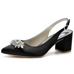 smlekwc Damen Spitz Zehen Satin Brautschuhe Knöchelriemen Slingback Hochzeit Kleid Sandalen Abendpartei Abschlussball Mittlere Stämmiger Absatz Pumps Mit Strass,Schwarz,36 EU von smlekwc