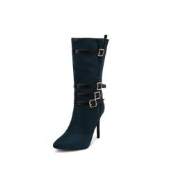 smlekwc Damen Spitz Zehen Wildleder Lange Stiefel Sexy Hoher Absatz Kniehohe Stiefel Zum Anziehen Bikerstiefel Mit Schnalle,Dark Green,48.5 EU von smlekwc