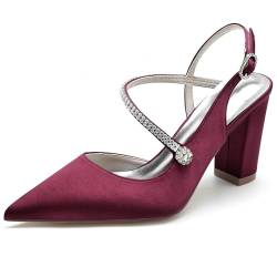 smlekwc Frauen Kreuz Knöchelriemen Satin Hochzeitsschuhe Spitz Zehen Slingback Braut Sandalen Abendpartei Abschlussball Hoher Stämmiger Absatz Pumps,Burgundy,39 EU von smlekwc