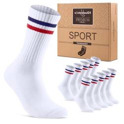 Premium Tennissocken Sportsocken mit verstärkter Ferse & Fußspitze, gepolsterte Sohle Baumwolle Atmungsaktive Crew Socken für Herren & Damen 17900 (Weiß - Ringel Rot/Blau 39-42) von sockenkauf24