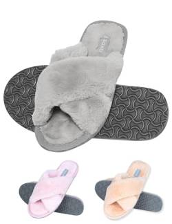 soxo Plüsch Hausschuhe Damen Pantoletten Sommer Latschen Cozy Slipper Gäste Schlappen 37/38 Grau von soxo