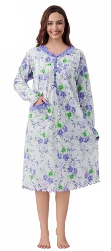 stylx Nachthemd GR. BLUME Damen Langarm Baumwolle Schlafshirt Print Sleepshirt Frauen Nachtwäsche Nachtkleid (blau, 48/50) von stylx