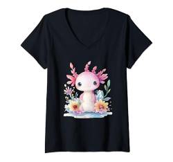 Damen Baby Axolotl mit Blumen süße Salamander Mädchen Tochter Sohn T-Shirt mit V-Ausschnitt von süßer farbenfrohe Axolotl Liebhaber Outfits