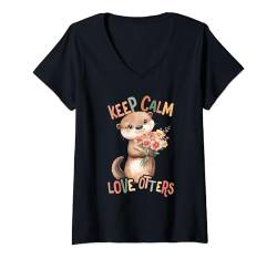 Damen Baby Otter mit Blumen Keep Calm Love Otters Mädchen Tochter T-Shirt mit V-Ausschnitt von süßer farbenfrohe Otter Liebhaber Outfits