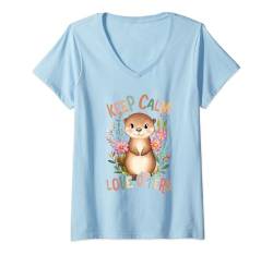 Damen Baby Otter mit Blumen Keep Calm Love Otters Mädchen Tochter T-Shirt mit V-Ausschnitt von süßer farbenfrohe Otter Liebhaber Outfits