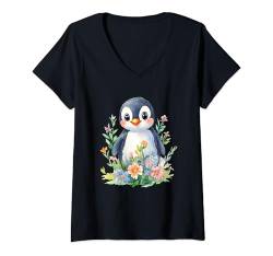 Damen Baby Pinguin mit Blumen süße Pinguine See Vogel Tochter T-Shirt mit V-Ausschnitt von süßer farbenfrohe Pinguin Liebhaber Outfits