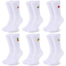 taonganui 6 Paar Weiß Tennissocken Socken Damen & Herren Crew Socks mit Motiv, EU 39-42 Sportsocken mit Fruchtmuster, Unisex Sport-Socken Atmungsaktive Tennis Socken Arbeitssocken von taonganui